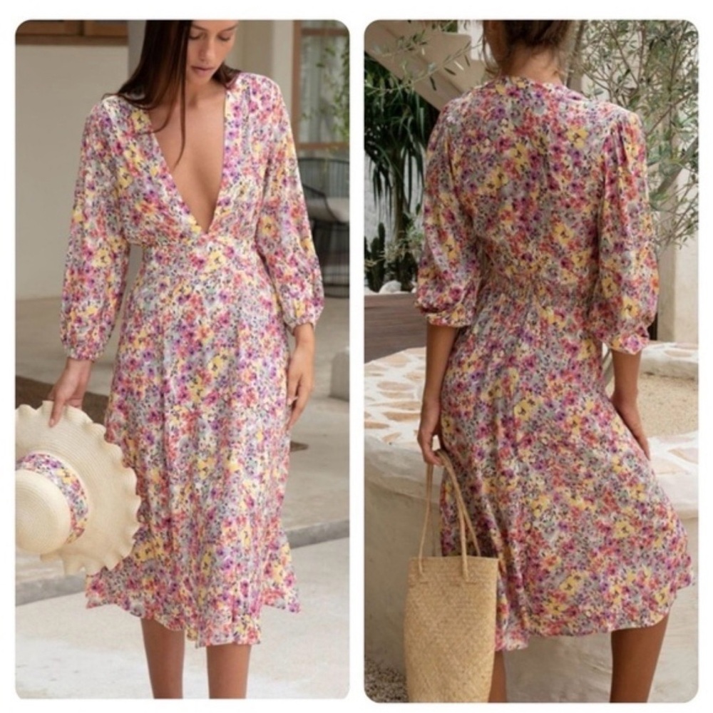 Floral Midi Dress with V-Neck and Puff Sleeves - Pink Multi